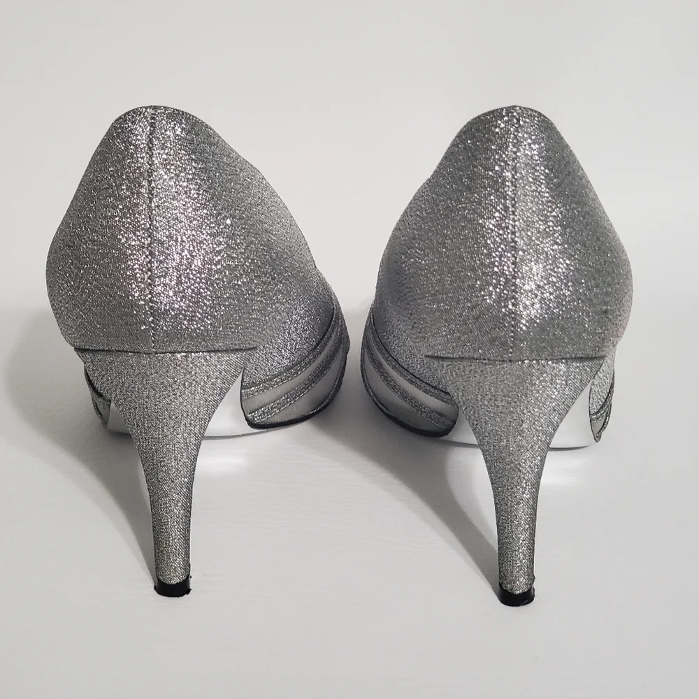 Adrianna Papell Silver Glitter Heel Pumps Sheer Peek A Boo Toe Shoes